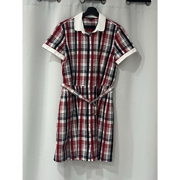 Brooks Brothers Dresses & Skirts - Brooks Brothers Womens 12P Red Black Plaid Shirtdress White Collar Short Sleeve